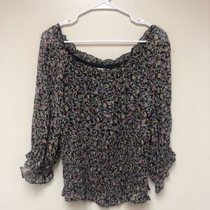 By Anthropologie Lucia Off Shoulder Floral Smocked Top Size Large Black